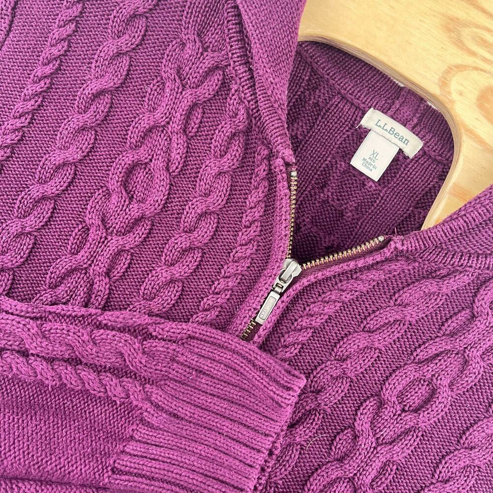 LL Bean Sweater Womens XL Purple Zipper Front Hooded Cardigan Cable Knit Stretch